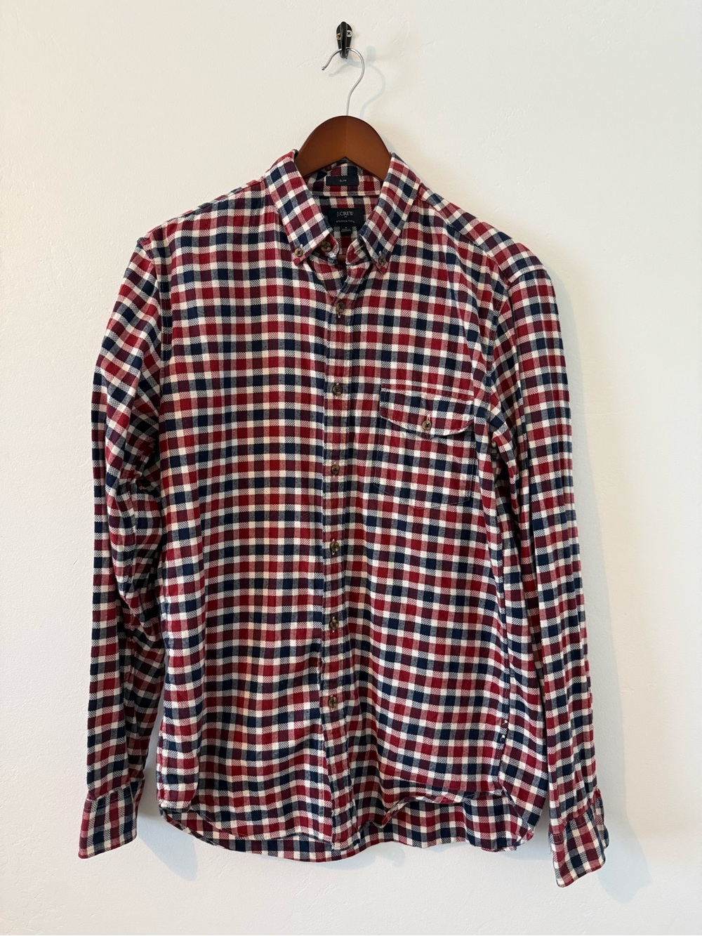 J. Crew - Men’s M - Slim - Red, Navy and White Plaid Brushed Twill Button-Down